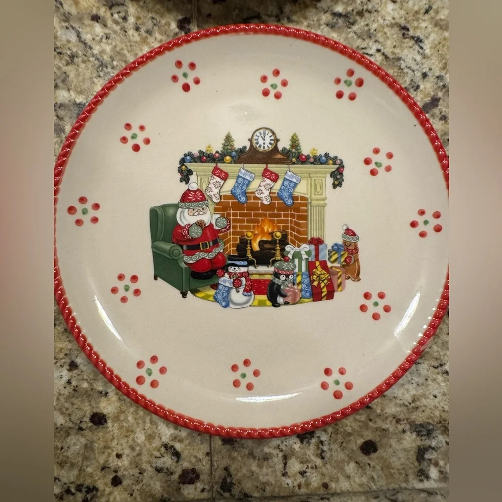 Temptations Tara HOLIDAY): 4 Salad/Dessert Plates, Santa, Fireplace, Red - Picture 1 of 3